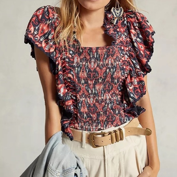 Anthropologie Let Me Be Smocked Crop Top in Red/orange and Navy NWT- Sz S, M & L - Picture 1 of 15